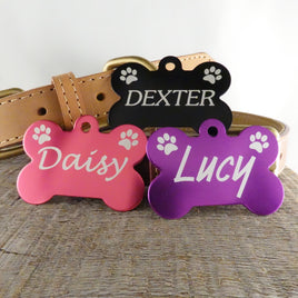 CLEARANCE SALE / Aluminum Bone Pet Tag with Paws / LASER Engraved / *3 Tags for $12-