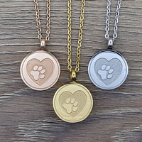 Urn Necklace for Ashes - Round with heart & paw print