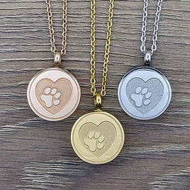 Urn Necklace for Ashes - Round with heart & paw print