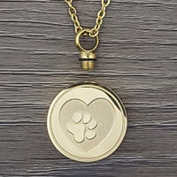 Urn Necklace for Ashes - Round with heart & paw print