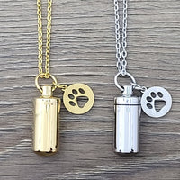 Urn Necklace for Ashes - Cylinder with Paw charm