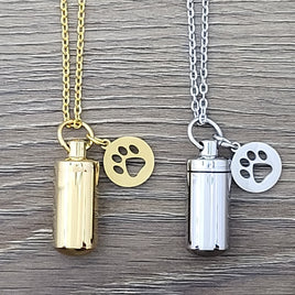 Urn Necklace for Ashes - Cylinder with Paw charm